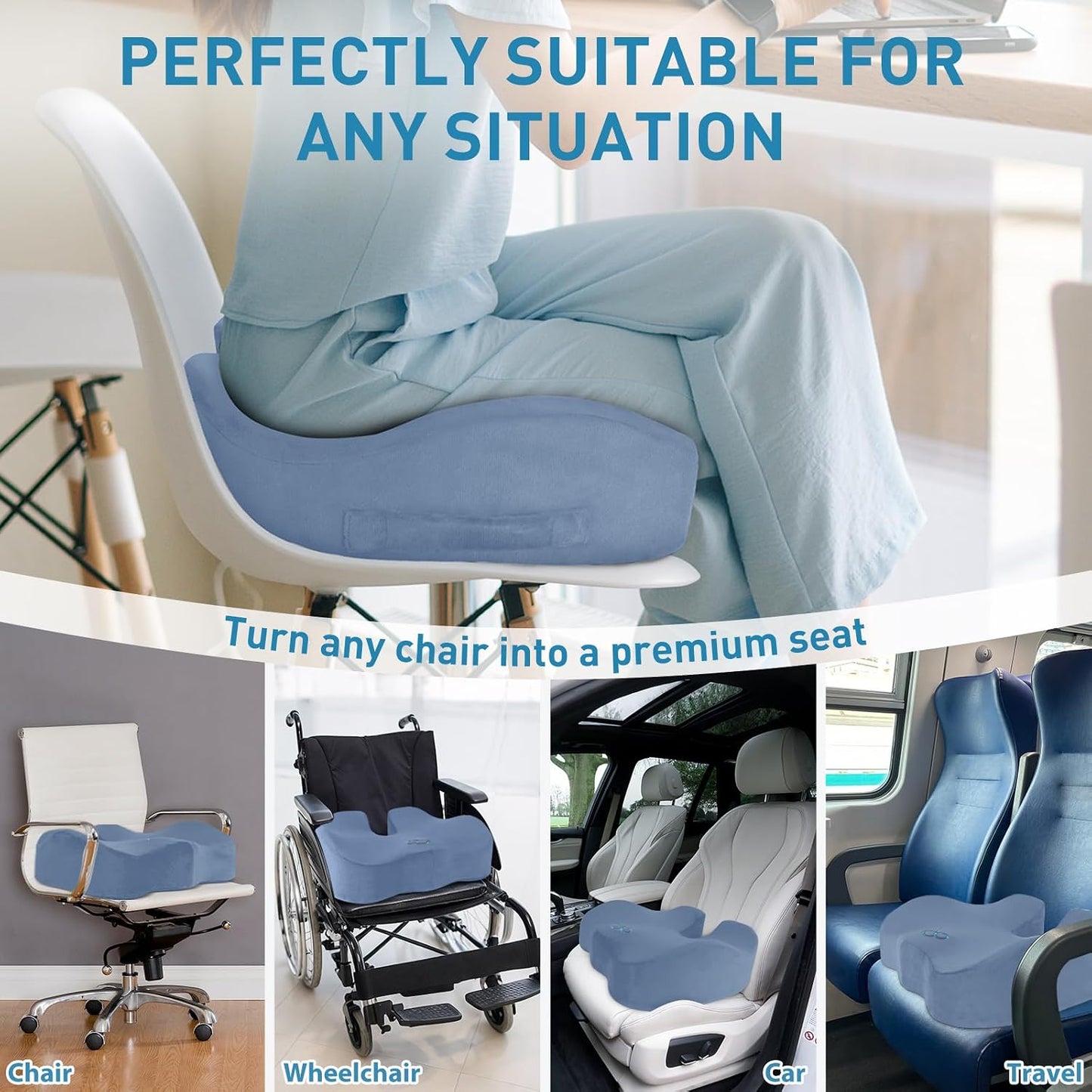 BlissTrends Seat Cushion with Velvet Cover, Thick Memory Foam Cushions for Office Chair, Car Seat, Airplane, Relieving Pressure Tailbone Sciatica Back Pain for Long Sitting, Car Drivers 4.7in Black