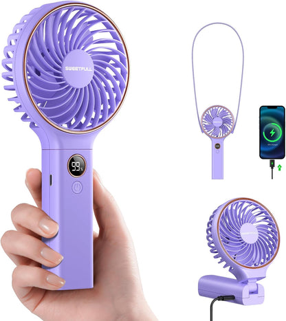 SWEETFULL Handheld Portable Fan, 5000mAh Rechargeable Battery, 6 Speed Wind, LED Digital Display, Foldable Electric Personal Mini Travel Fan with Backup Power, Summer Essentials Gifts for Women Girl