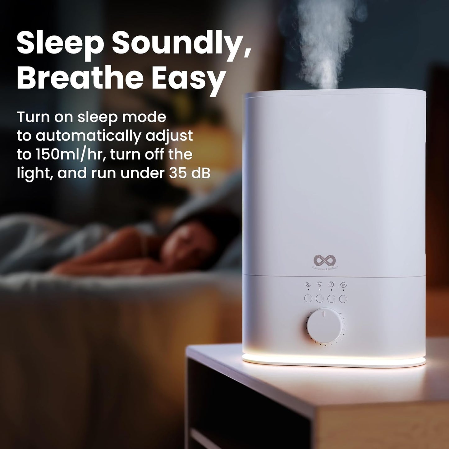Everlasting Comfort 2.5L Top Fill Humidifier for Bedroom – Quiet, Easy to Fill & Clean, 24HR Runtime, Night Lights, Timer, Ultrasonic Cool Mist, Auto Shut-Off for Indoor Use - White