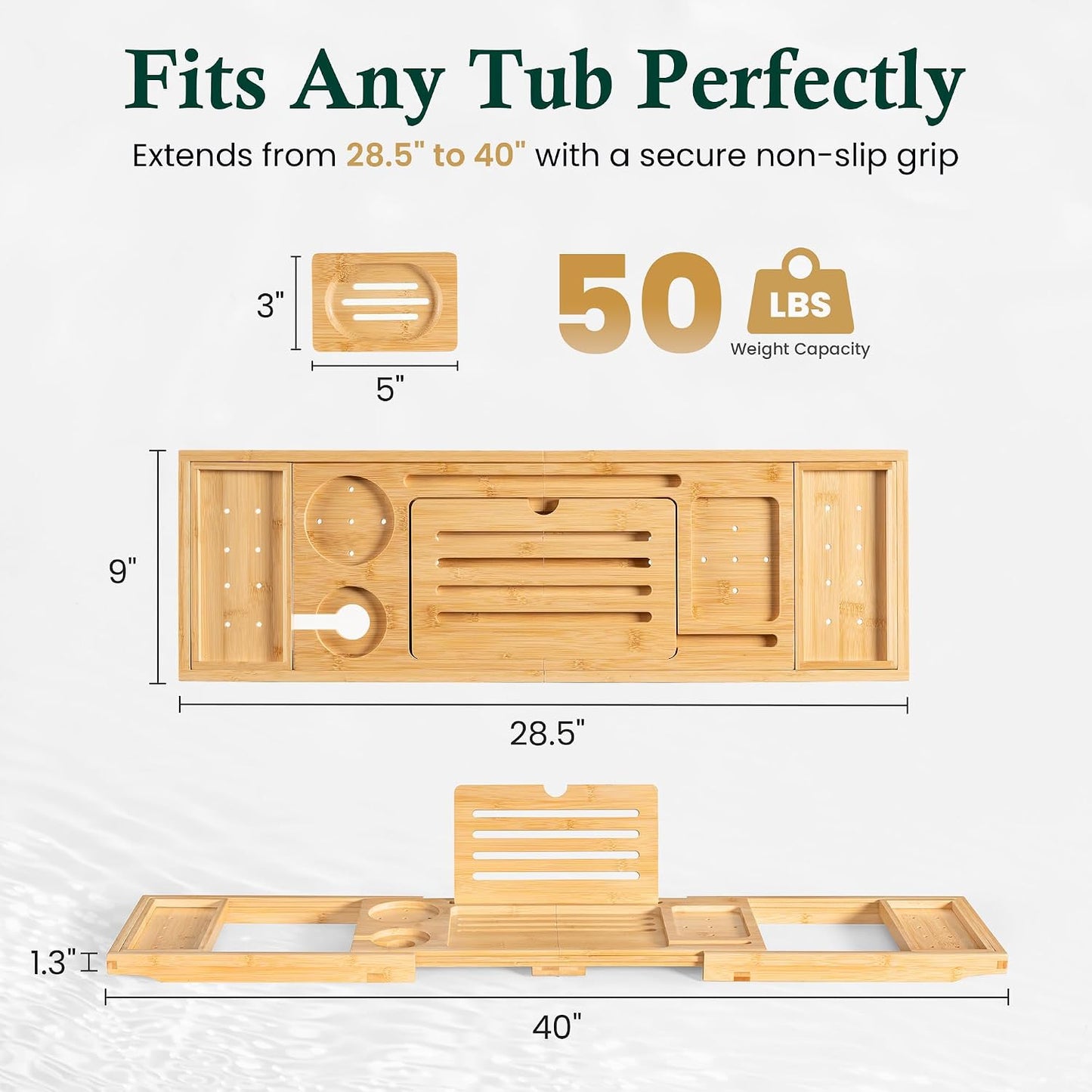 Bamboo Bathtub Tray, Bath Caddy with Wine Glass Holder, Phone Dock & Book Stand | Hands-Free Reading & Ultimate Spa Relaxation Experience-Brown