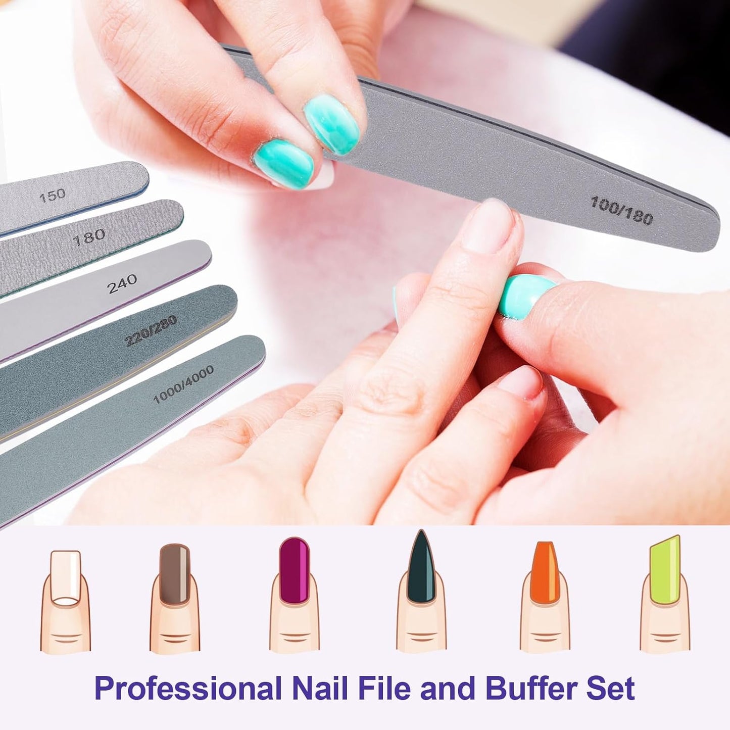 Nail File and Buffer Set, 6 Pcs Professional Nail File Kit for Acrylic and Natural Nails, 100/150/180/220/240/280/1000/4000 Grit Soft Nail Filer Gel Nail Files & buffers Filing Emery Board Home Salon
