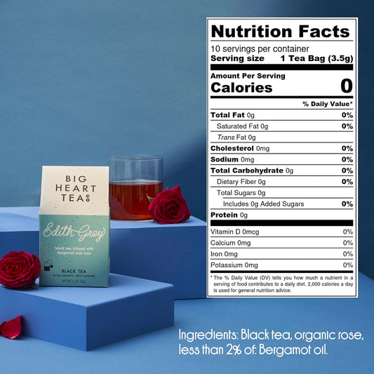 Big Heart Tea Co. Tea Bags - Edith Grey - Direct Trade Malawi Caffeinated Black Tea in Zero Plastic Sachets with Small Batch Organic Whole Herbs - Red Rose, Bergamot Oil, 10 Tea Bags