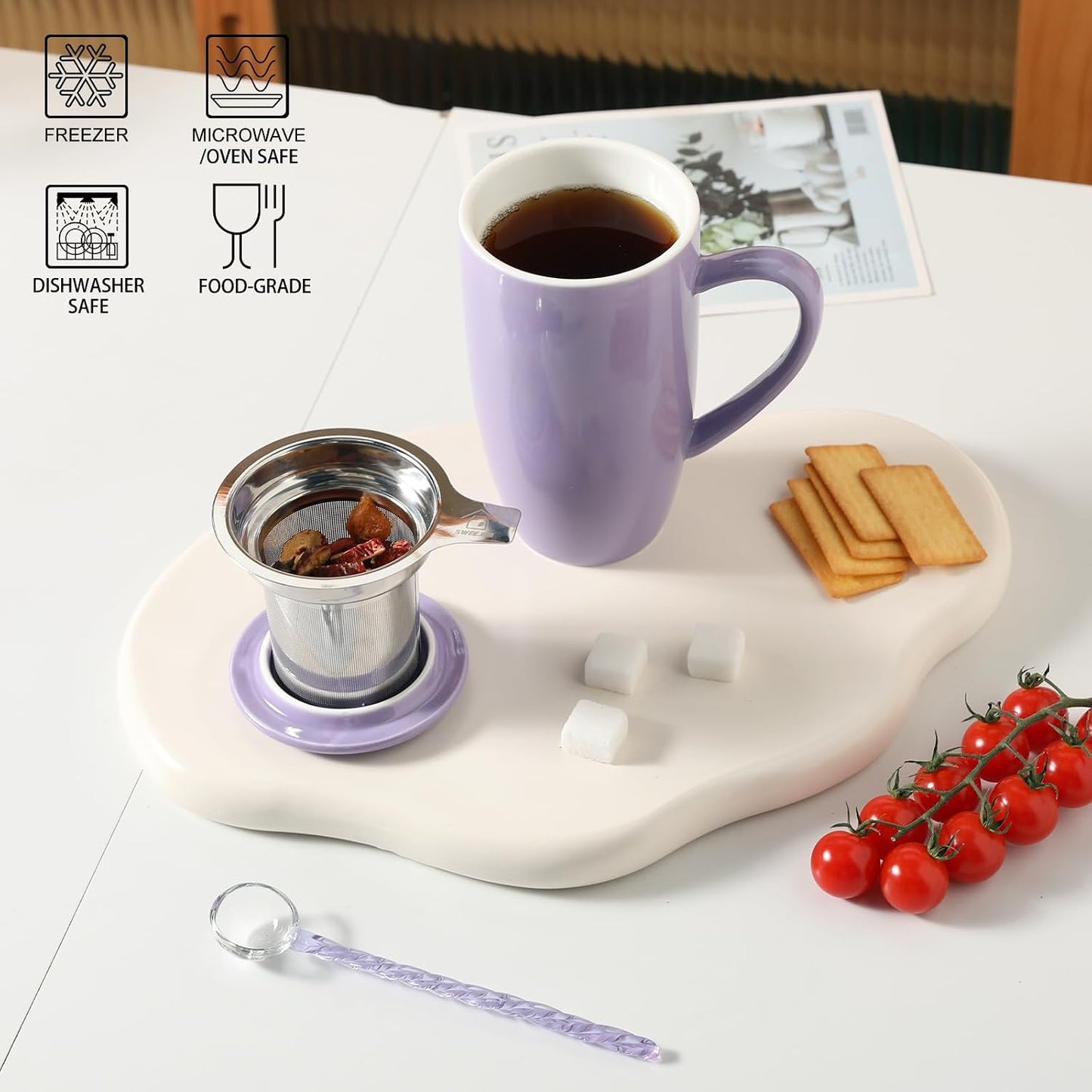 Sweejar Porcelain Tea Infuser Mug with Lid, 16 oz Teacup with Strainers for Loose Leaf Tea, Microwave and Dishwasher Safe Coffee Mug(Purple)