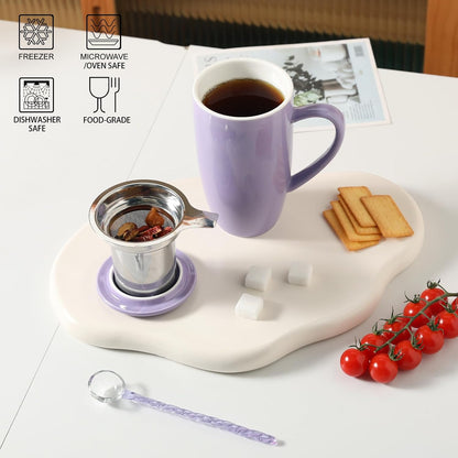 Sweejar Porcelain Tea Infuser Mug with Lid, 16 oz Teacup with Strainers for Loose Leaf Tea, Microwave and Dishwasher Safe Coffee Mug(Purple)