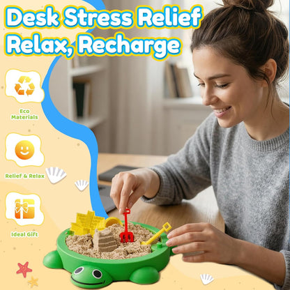 7.1 in Desktop Turtle Sandbox with Lid -17Pcs MINI Desk Zen Garden Kit with Varied Molds, Tools & Sand, Mini Zen Garden for Desk, Stress Relief Desk Toys Gifts for Office for Adults (Turtle)