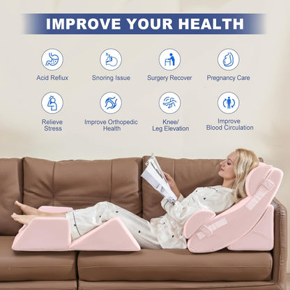4PCS Orthopedic Bed Wedge Pillow Set for Sleeping, Post Surgery Foam Support Pillows for Back, Neck and Leg Pain Relief, Adjustable Triangle Pillow – Acid Reflux, GERD & Snoring Recovery, White Grey