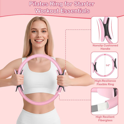 Hoedia Pilates Kit for Women, Pilates Equipment Ring and Ball Set with Resistance Bands, Yoga Strap, Core Sliders, Socks, Bag & Guide for Starter Home Workout Fitness Gym Essentials