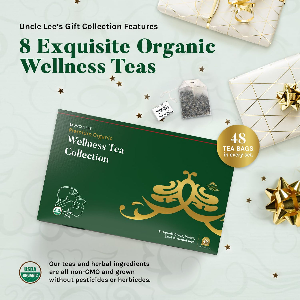Uncle Lee's Organic Tea Variety Gift Set, 8 Blends, 48 Tea Bags