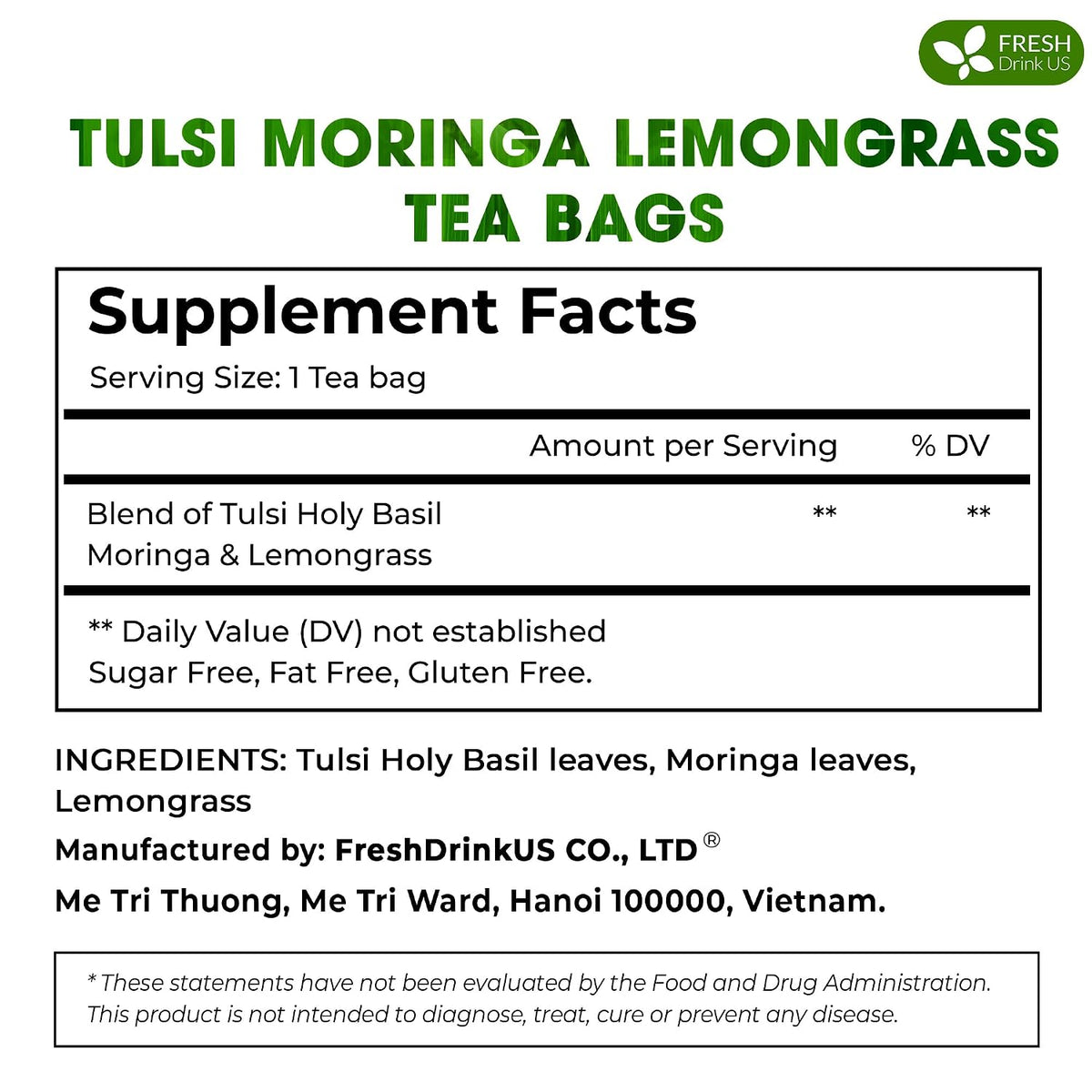FreshDrinkUS, Premium Tulsi Moringa Lemongrass Tea, 75 Count, No Caffeine