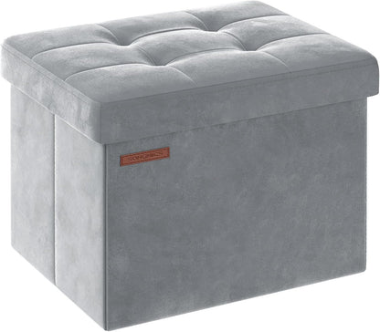 SONGMICS Small Folding Storage Ottoman, Foot Rest Stool, Cube Footrest, Synthetic Leather, 12.2 x 16.1 x 12.2 Inches, 286 lb Capacity, for Living Room, Bedroom, Dorm, Ink Black ULSF100B01