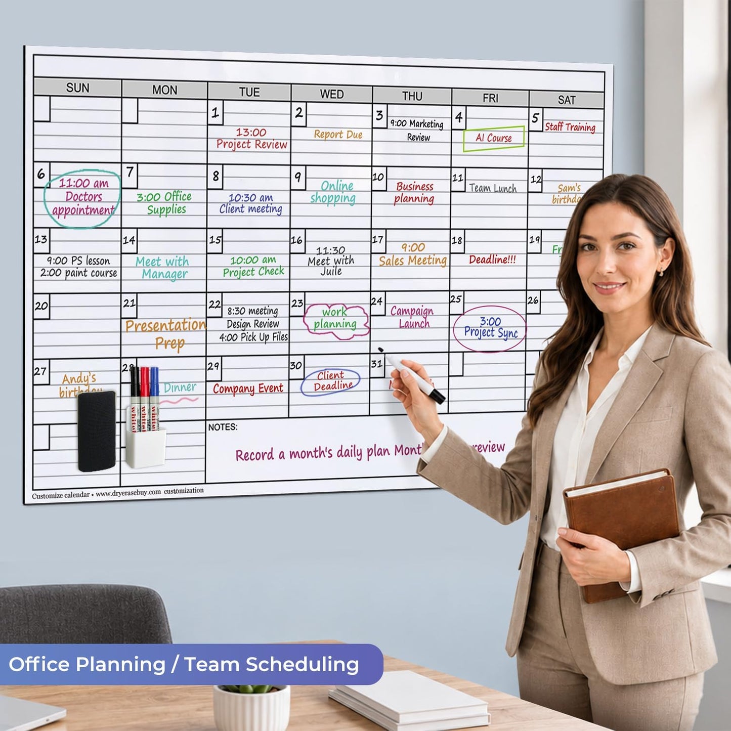 Dry Erase Monthly Extra Large White Board Calendar for Wall, 25" by 38", Jumbo Laminated Erasable One Month Whiteboard Calendar, Huge Oversized Blank 30-Day Poster with Lines and Squares