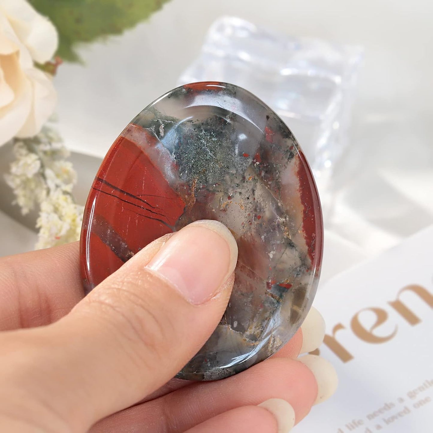 Fekuar Natural Moonstone Crystal Thumb Worry Stone, Hand Carved Healing Crystal Teardrop Pocket Worry Stones for Anxiety Stress Relief Meditation