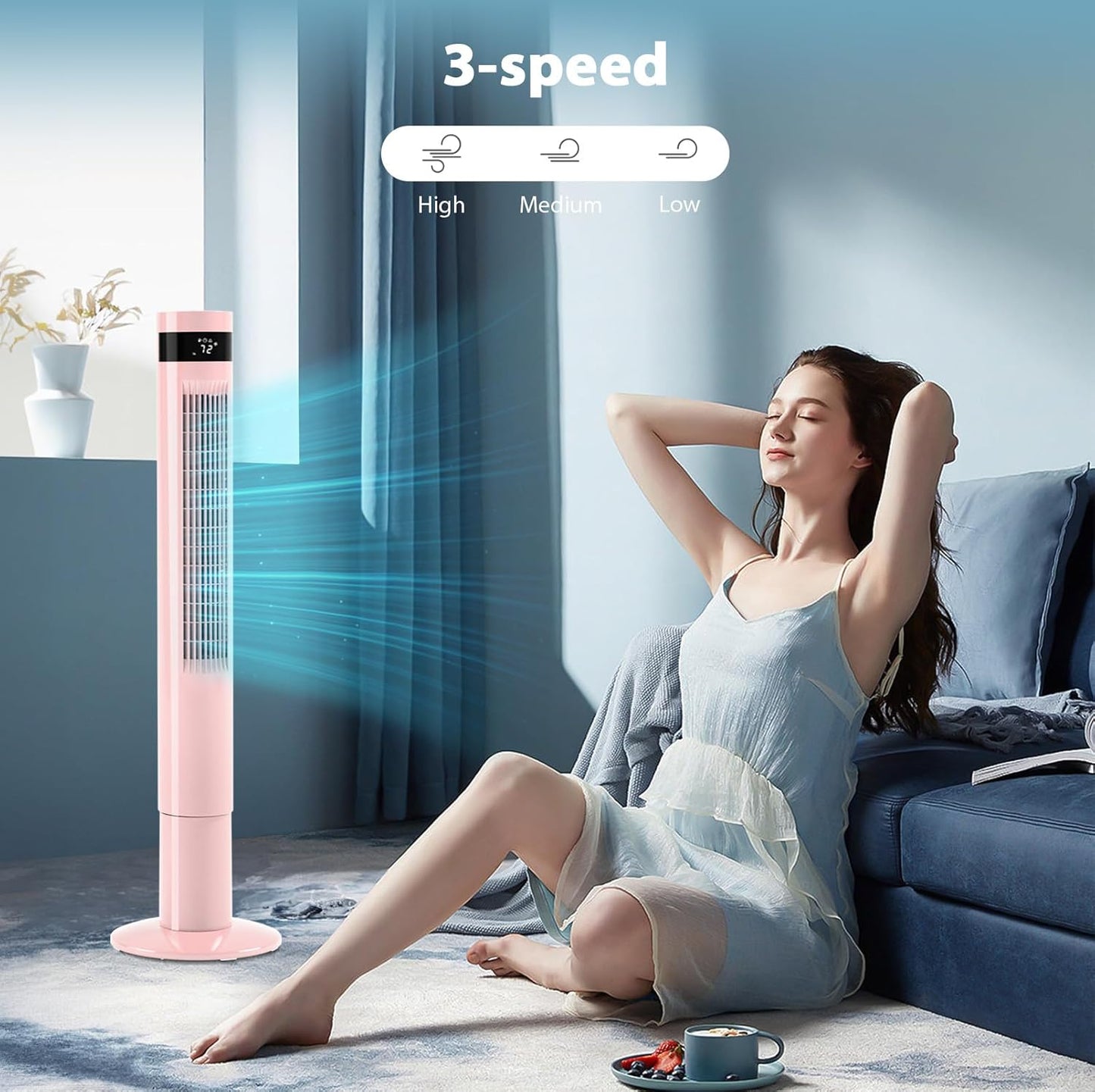 Antarctic Star Tower Fan 85°Oscillating Fan Quiet Cooling 12H Timer Remote Control Bladeless Electric 3 Speeds Wind 3 Modes, 42INCH, PINK