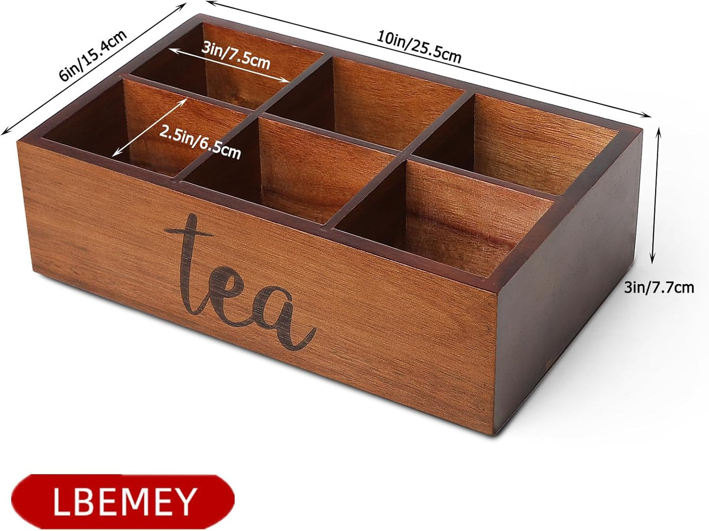 LBEMEY Tea Bag Organizer, Wood Tea Storage Containers with 6 Compartments, Sugar Packet Holder,Tea Bag Caddy Box for Cabinet Countertop Office (Brown-Labeled "Tea")