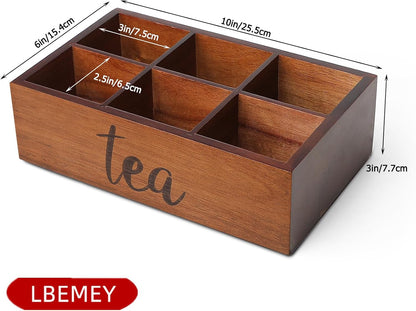 LBEMEY Tea Bag Organizer, Wood Tea Storage Containers with 6 Compartments, Sugar Packet Holder,Tea Bag Caddy Box for Cabinet Countertop Office (Brown-Labeled "Tea")