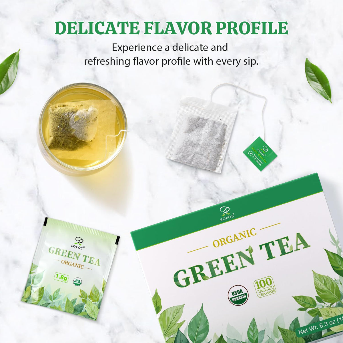 Soeos Organic Green Tea, 6.3 oz (180g), 100 Tea Bags, Refreshing and Fragrant, Sustainably Sourced, Ideal for Hot or Iced Tea, Long-Lasting Freshness