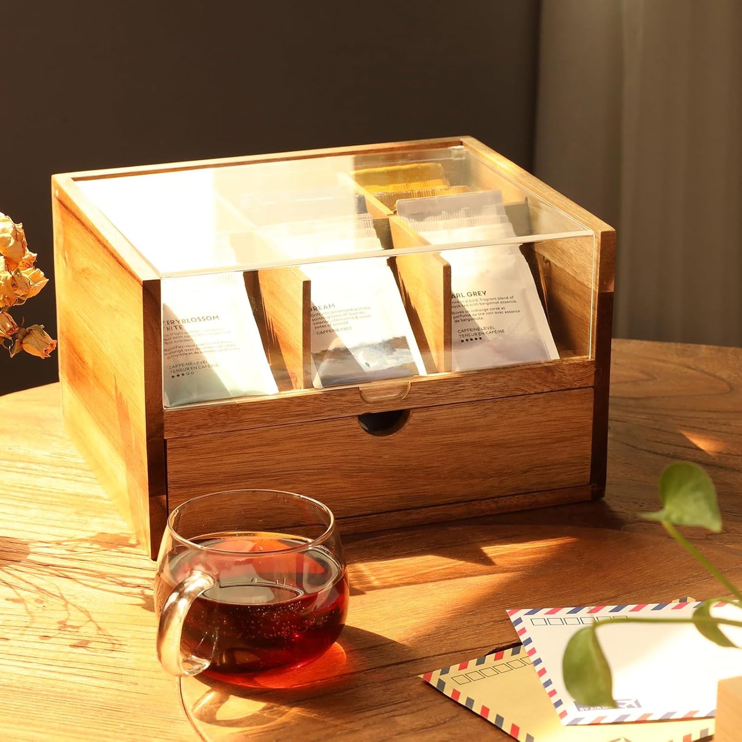 HTB Acacia Wood Tea Bag Organizer Storage Box with 6 Compartments