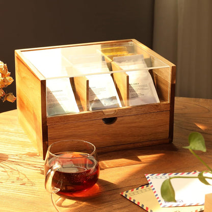 HTB Acacia Wood Tea Bag Organizer Storage Box with 6 Compartments