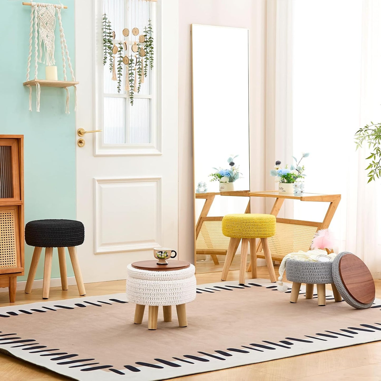 Wimarsbon Pouf Ottoman, 100% Cotton Knitted Boho Footstool, Round Footrest with Non-Skid Wood Legs, Home Décor Handmade Pouffe, Leisure Floor Step Stool for Living Room (Beige)