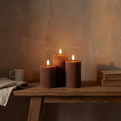 Ribbed Fluted Real Wax Flameless LED Pillar Candles, Loden Sage Olive Green, Melted-Wax Top Look, Flickering Flame, Battery Operated, Remote & Timer, Shelf & Wedding Decor (Set of 3)