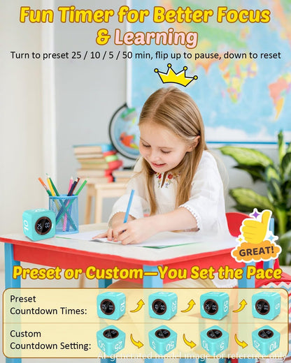 Digital Pomodoro Timer Cube 5/10/25/50min, Visual Productivity Flip Timer for Kids Classroom Desk, Custom Countdown, Silent and Sound Mode for ADHD Study Work Game Kitchen (Orange)