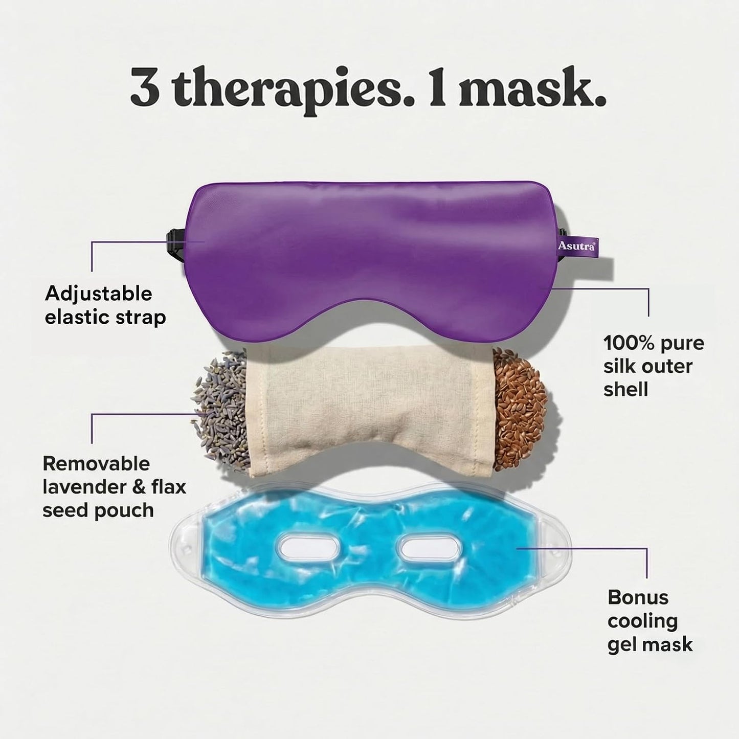 ASUTRA Silk Eye Pillow for Sleep, Black - Filled w/Lavender Buds & Flax Seeds, Weighted Eye Mask, Meditation & Light Blocking Blindfold, Cooling Gel Mask Included