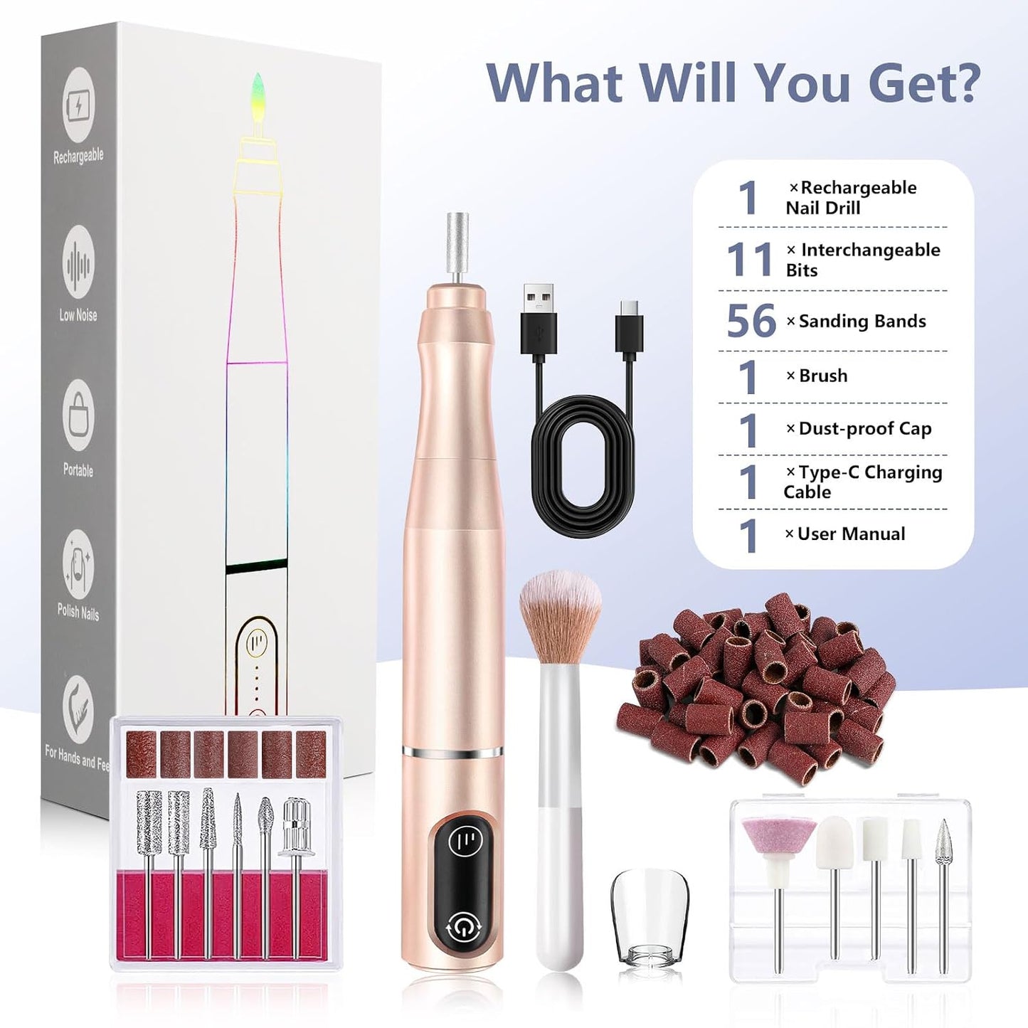 TUOBEO Cordless Nail Drill Electric Nail File Kit, Rechargeable Efile Set, Portable Acrylic Gel Nail Polish Remover Machine, Pedicure Manicure Tool, 11 Bits, 56 Sanding Bands, Salon Home, Purple