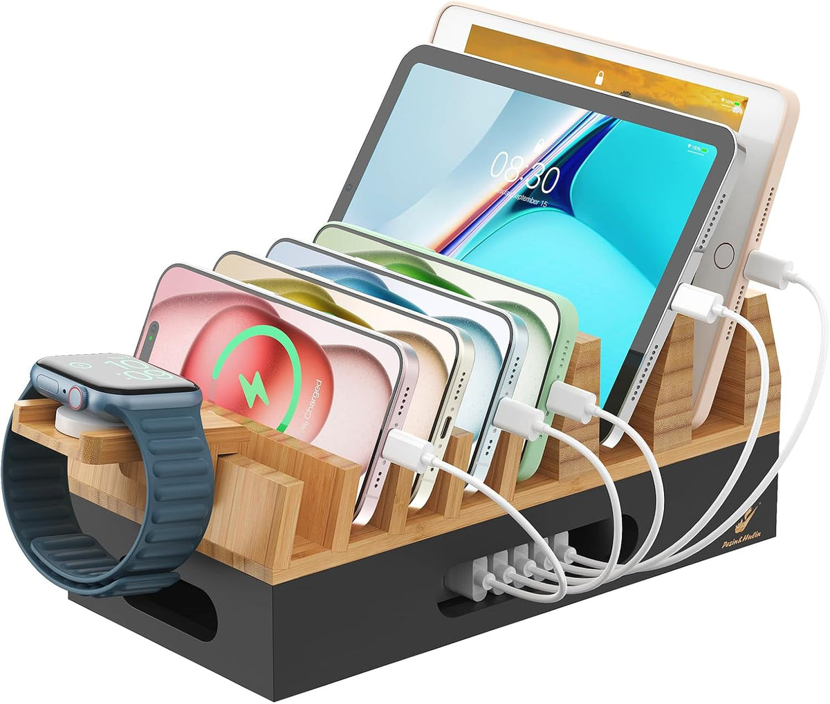 Pezin & Hulin Bamboo Charging Station with 5 Cables-Natural Bamboo