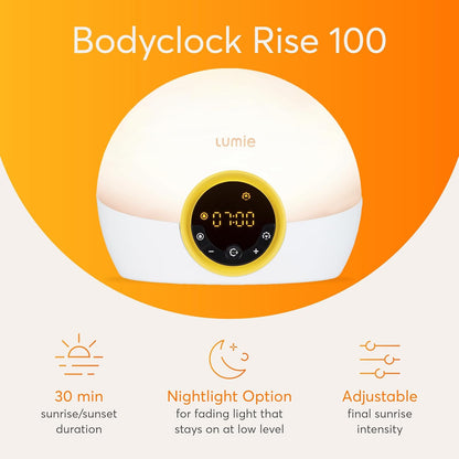 Lumie Bodyclock Rise 100 - LED Wake-Up Light Alarm Clock with Realistic Sunrise and Sunset, Dimmable, White/Yellow