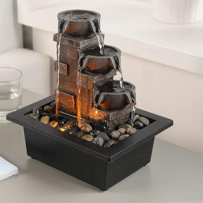 GOSSI 3-Tier Stone Wall Tabletop Water Fountain with Natural River Rocks, LED Lights, Zen Meditation Waterfall for Office and Home Decor, Relaxing Desktop Fountain, Christmas Decoration