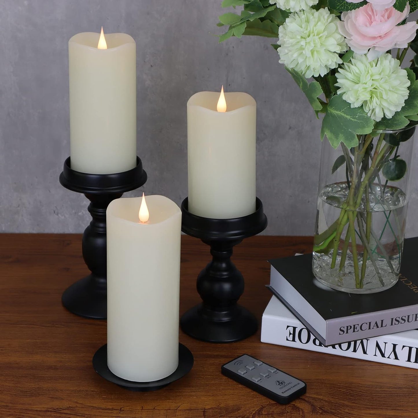 TECHLONG Flameless Candles Battery Operated with Timer, 3D Moving Flame Flickering, Last 600+ Hours Battery Candles, 3" x 3" Ivory Real Wax Electric LED Candle for Wedding Party Decorations