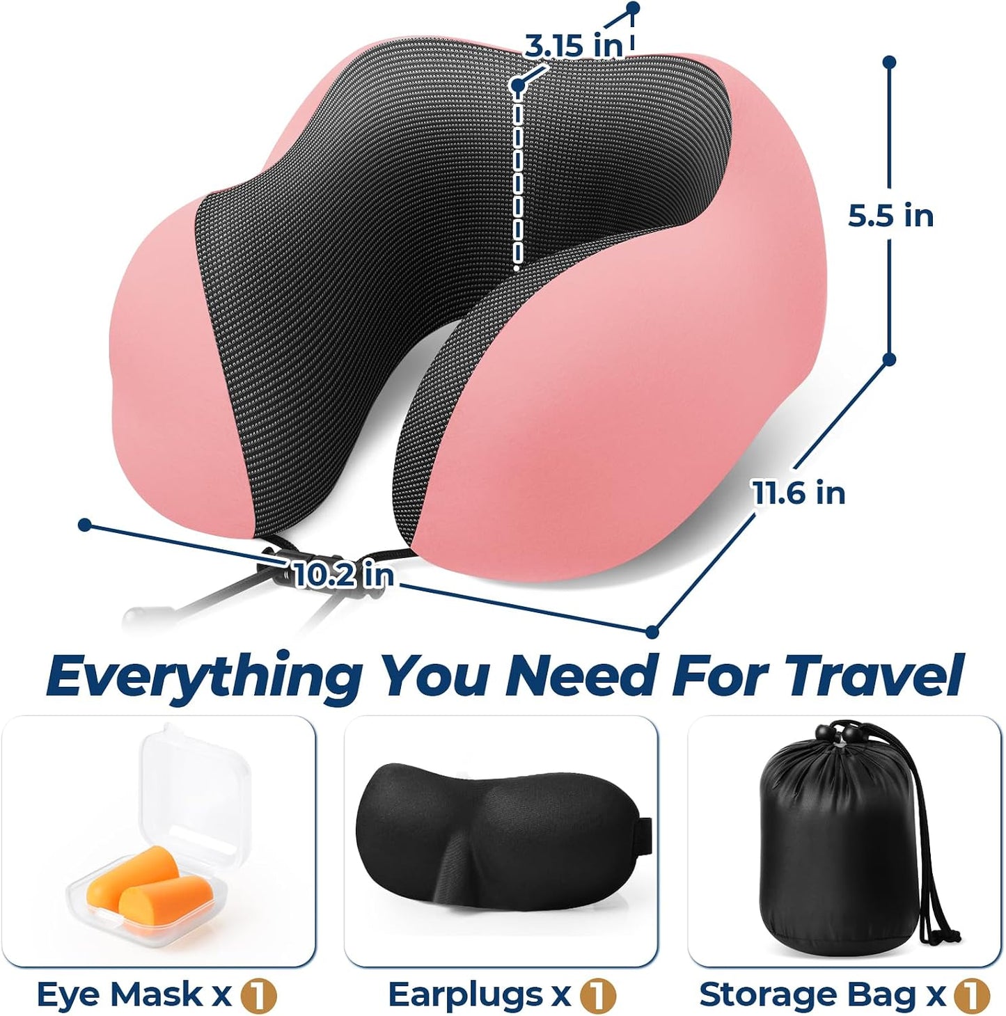ExploreBliss Travel Pillow, Travel Pillows for Sleeping Airplane, Neck Pillow Airplane, Memory Foam Neck Pillow Set with Eye Mask, Earplugs and Storage Bag -Grey