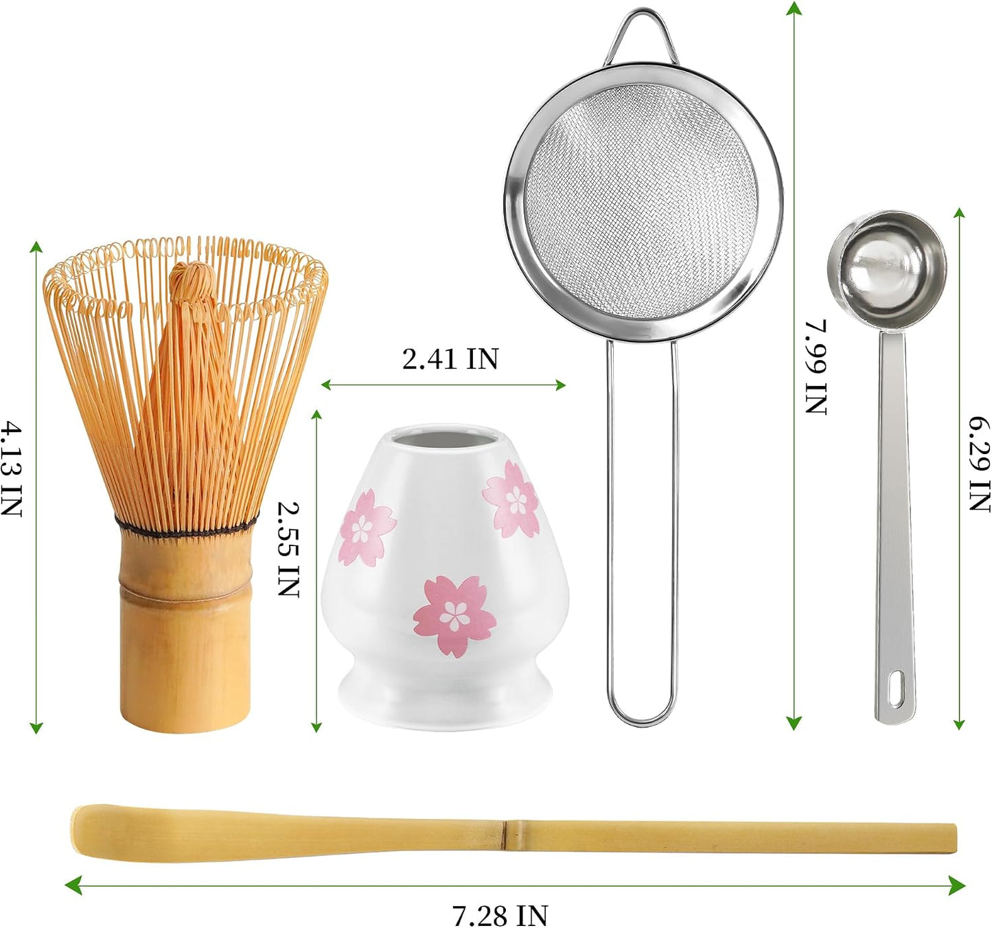 Matcha Whisk Set with Ceramic Bowl - Complete Matcha Making Kit, Bamboo Whisk (Chasen), Whisk Holder, Matcha Powder Sifter, Scoop, Japanese Tea Ceremony Tools（Green）