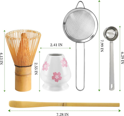 Matcha Whisk Set with Ceramic Bowl - Complete Matcha Making Kit, Bamboo Whisk (Chasen), Whisk Holder, Matcha Powder Sifter, Scoop, Japanese Tea Ceremony Tools（Green）