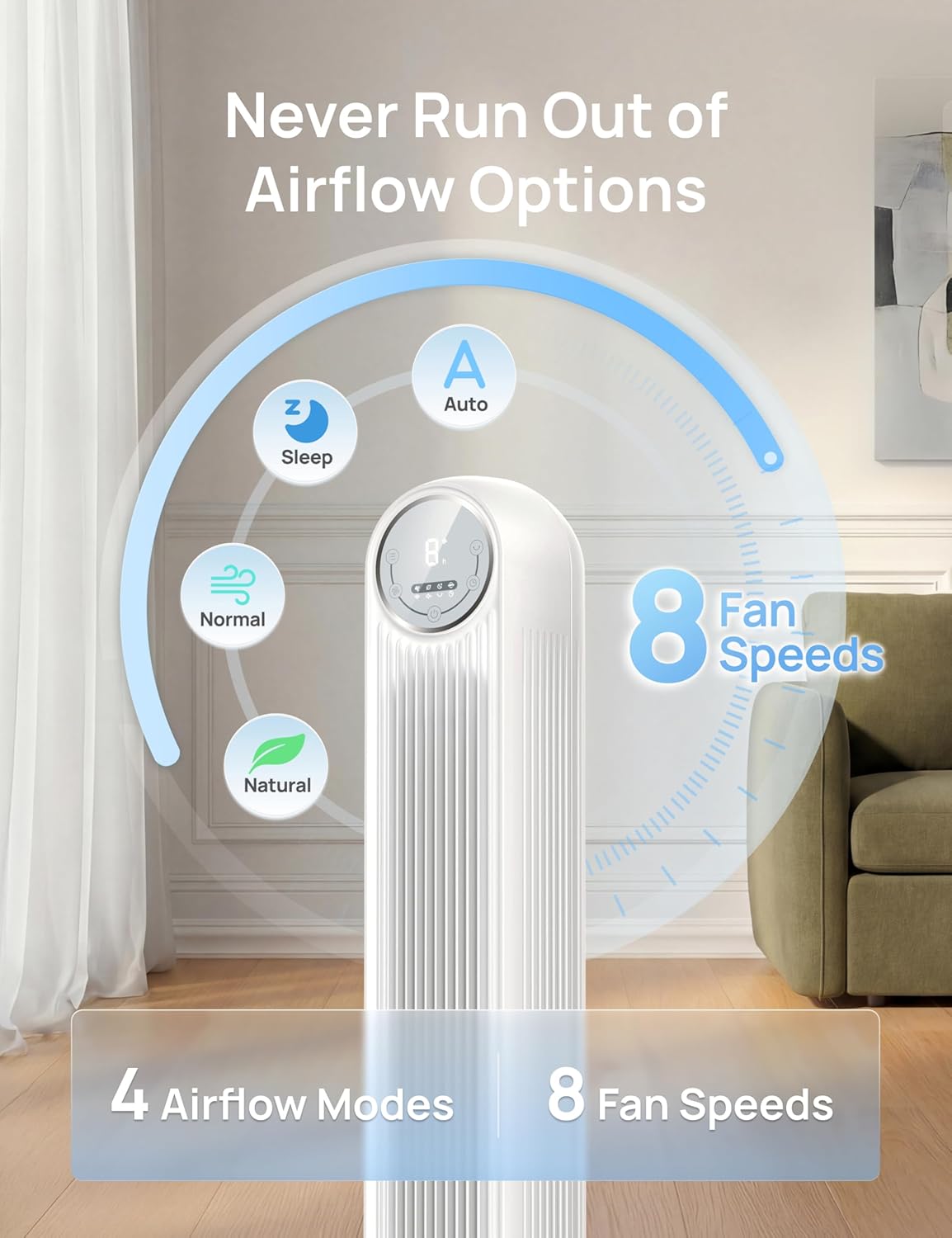 DREO Tower Fan for Bedroom, 2026 Upgraded DC Motor, 28ft/s Smart Standing Fans, 90° Oscillating Floor Fan with 20dB Ultra Quiet, 8 Speeds 4 Modes, 8H Timer, Bladeless, Remote, WiFi Voice Control