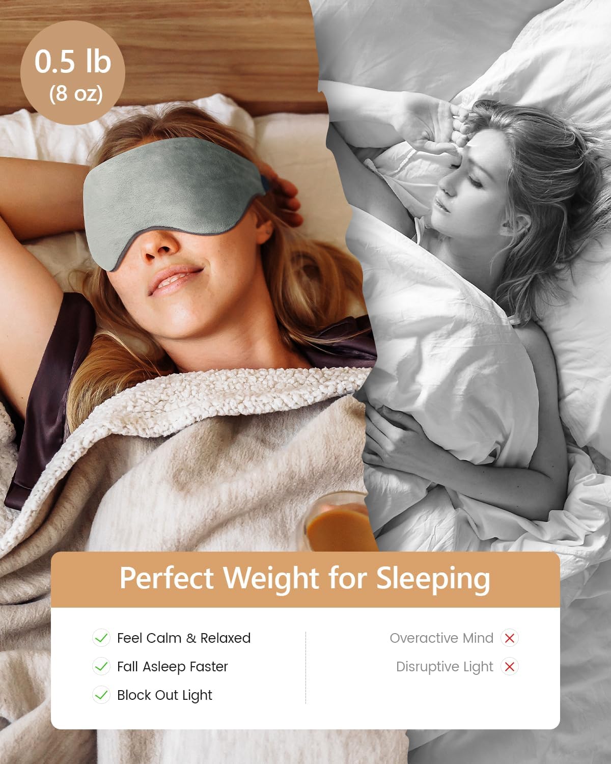 Mr. Sandman Weighted Eye Mask for Sleeping, Blackout Sleep Mask, Reversible Cool & Cozy Compress for Dry Eyes, Headache Migraine Relief, Eye Cover for Travel, Gifts for Women & Men, 0.5 lb, Grey