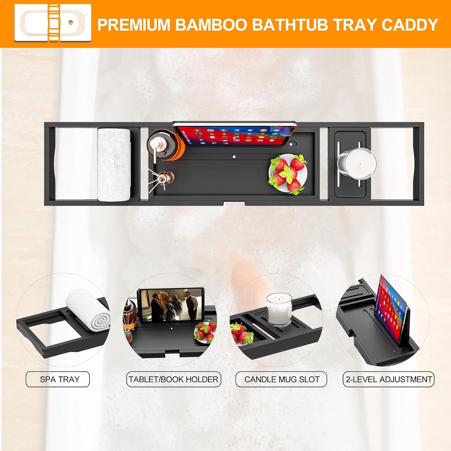 Banlilu Bathtub Tray - Bath Tray Expandable - Bath Tub Tray Table for Bathtub, Ajustable Size, Fits Most Tubs