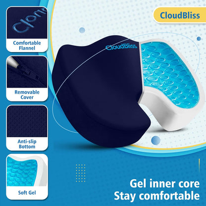 CloudBliss Gel Seat Cushion - Cooling Gel Enhanced Memory Foam Ergonomic Seat Cushion for Long Sitting for Office, Game, Car, Automotive, Airplane (Large, Black)