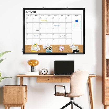 Dry Erase Calendar Whiteboard for Wall, 24"x18" Magnetic Monthly White Board Cork Board Combo, Double Sided, Aluminum Frame, Wall Hanging Wipe Board for Home, Office, School, Dorm
