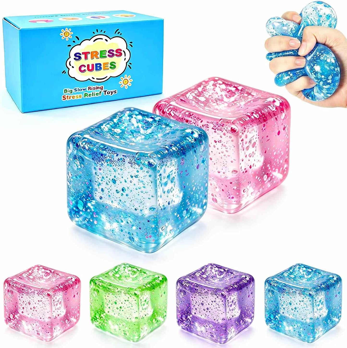 Square Squishy Squeeze Fidget Toys: Stress Relief Toys for Men Super Soft Slow Rising Cube - Sensory Desk Toys for Office Stress, Anxiety Relief & Focus - Cool Birthday Party Favors for Teens & Adults