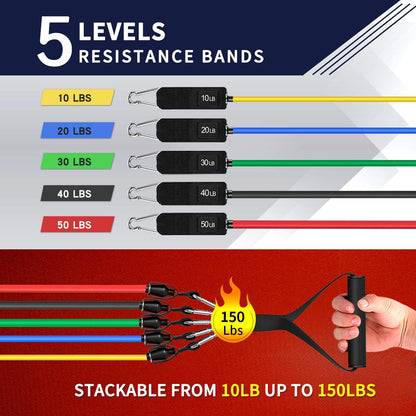 WHATAFIT Resistance Bands, Exercise Bands, Workout Bands with Handles, Door Anchor and Ankle Straps, 5 Resistance Levels Fitness Bands for Strength Training, Physical Therapy, and Home Gym Equipment