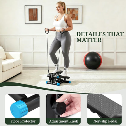 Mini Stair Steppers with Resistance Bands for Exercise at Home, Portable Exercise Twist Stepper Machine for Full Body Workout, Hydraulic Fitness Stepper with LCD Monitor, Black