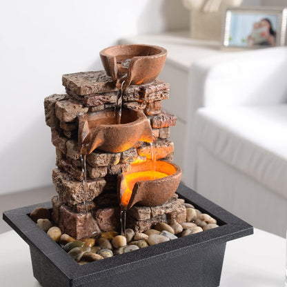 Haobos Indoor Tabletop Fountain 3-Tier Rockery Relaxation, Soothing Sound Home/Office/Bed Room Decor,Gifts for Mom/Grandma Relaxing Waterfall Meditation Tabletop Fountain LED Lights