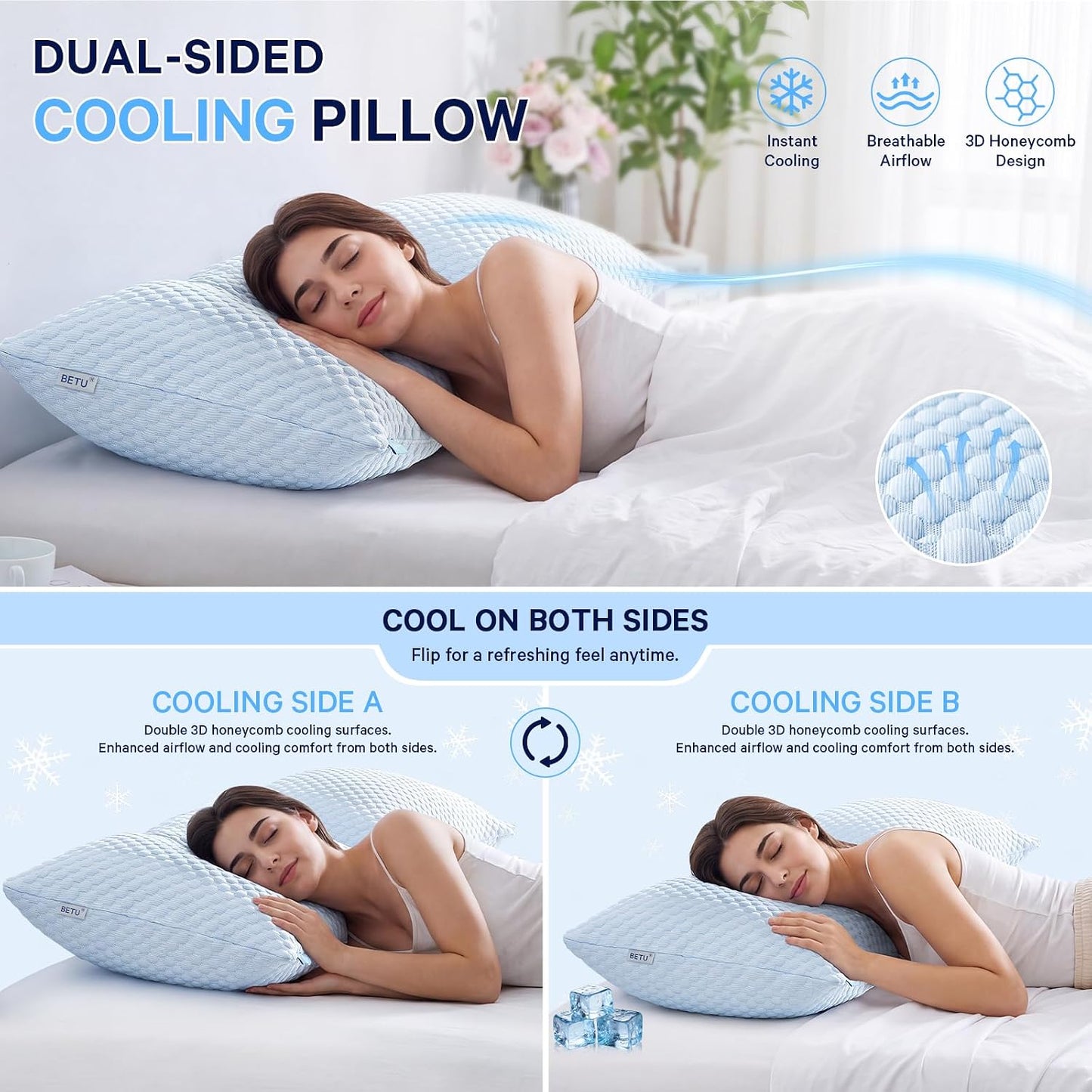 BETU Cooling Pillow Queen Size, Shredded Memory Foam Pillow for Hot Sleepers, Adjustable Firm Soft Support Pillows, Cool Bed Pillows for Side Back Stomach Sleeping Sleepers, gifts for boyfriend, White