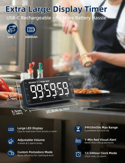 Large 7.8" Digital Timer with LED Display, Magnetic for Kitchen & Classroom