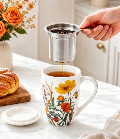 AmorArc 18oz Porcelain Tea Mug with Infuser & Lid, Loose Leaf Tea Cup with Stainless Steel Strainer, Large Coffee Mug Gift for Women, Tea Lovers, Home & Office
