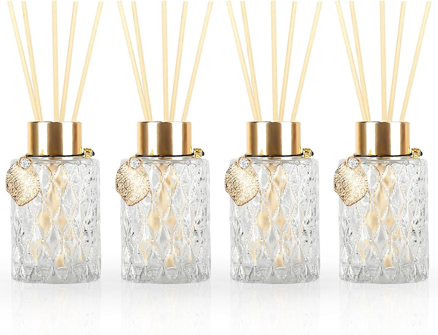 4-Piece Reed Diffuser Set with Metal Golden Decoration, 3.5-4.2oz Empty Bottles and 20 Reed Sticks, Unique Design for Home and Office (4 Different Bottles)