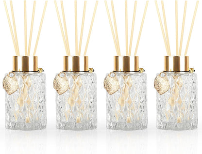 4-Piece Reed Diffuser Set with Metal Golden Decoration, 3.5-4.2oz Empty Bottles and 20 Reed Sticks, Unique Design for Home and Office (4 Different Bottles)