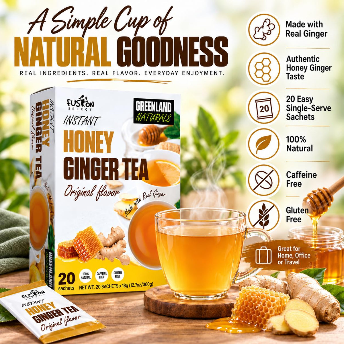Fusion Select 20 Sachets Original Ginger Honey Crystals Packets - Crystallized Ginger Tea with Honey - Easy-to-Prepare Instant Drink Mix - Natural Ingredients with No Caffeine
