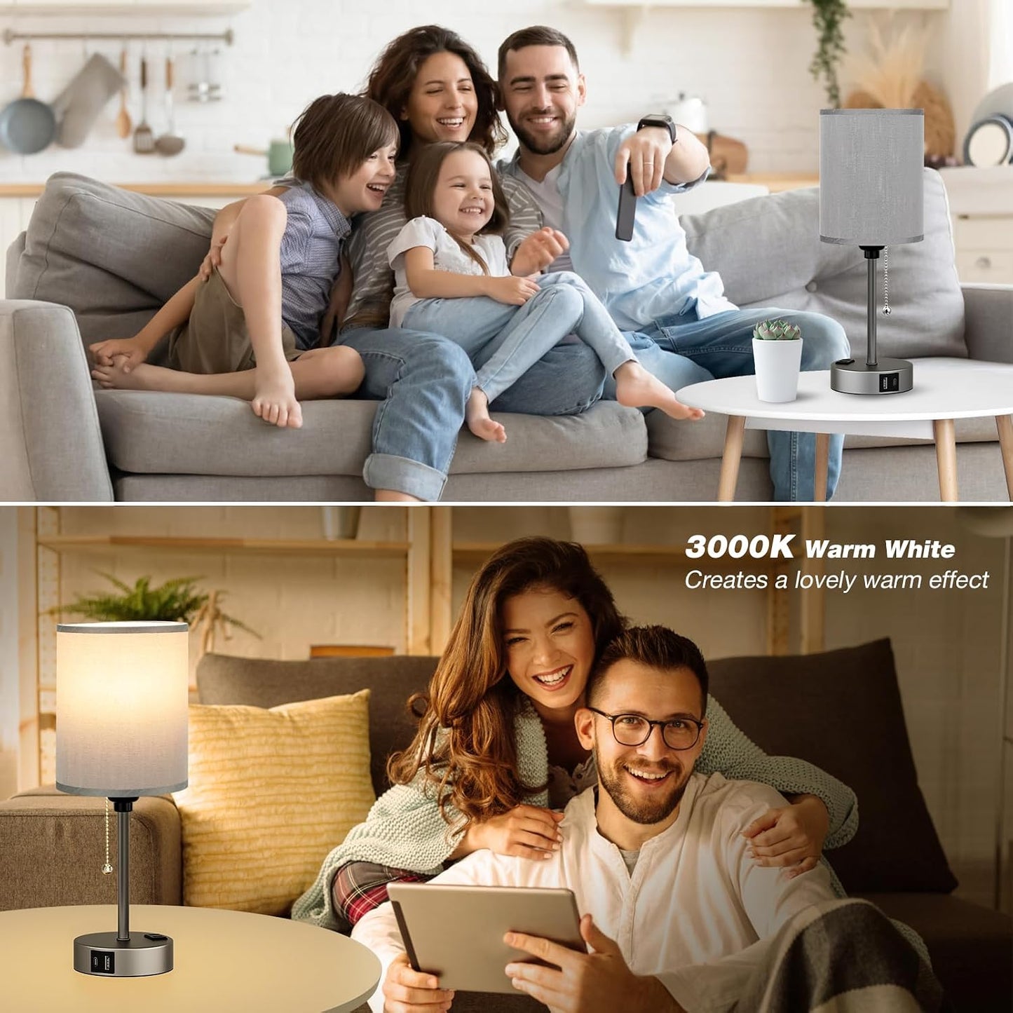Small Bedside Table lamp for Bedroom - 3 Color Temperatures Bedside Lamps with USB C and A Ports, Pull Chain Table Lamps with AC Outlet, White Nightstand Lamps with Black Metal Base for Kids Reading